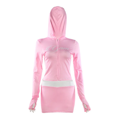 Kliou Casual Sporty 2 Piece Set Woman Letter Print Zip Cardigan Full Sleeve Hooded Jacket+Contrast Patchwork Shorts Simple Suits
