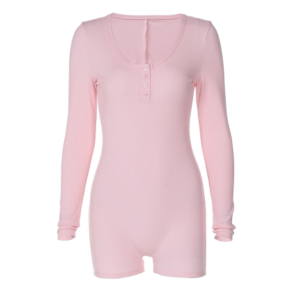 Hugcitar Spring Ribbed Solid Square Collar Long Sleeve Buttons Sexy Bodycon Skinny Playsuit Women Casual Romper Streetwear Sport