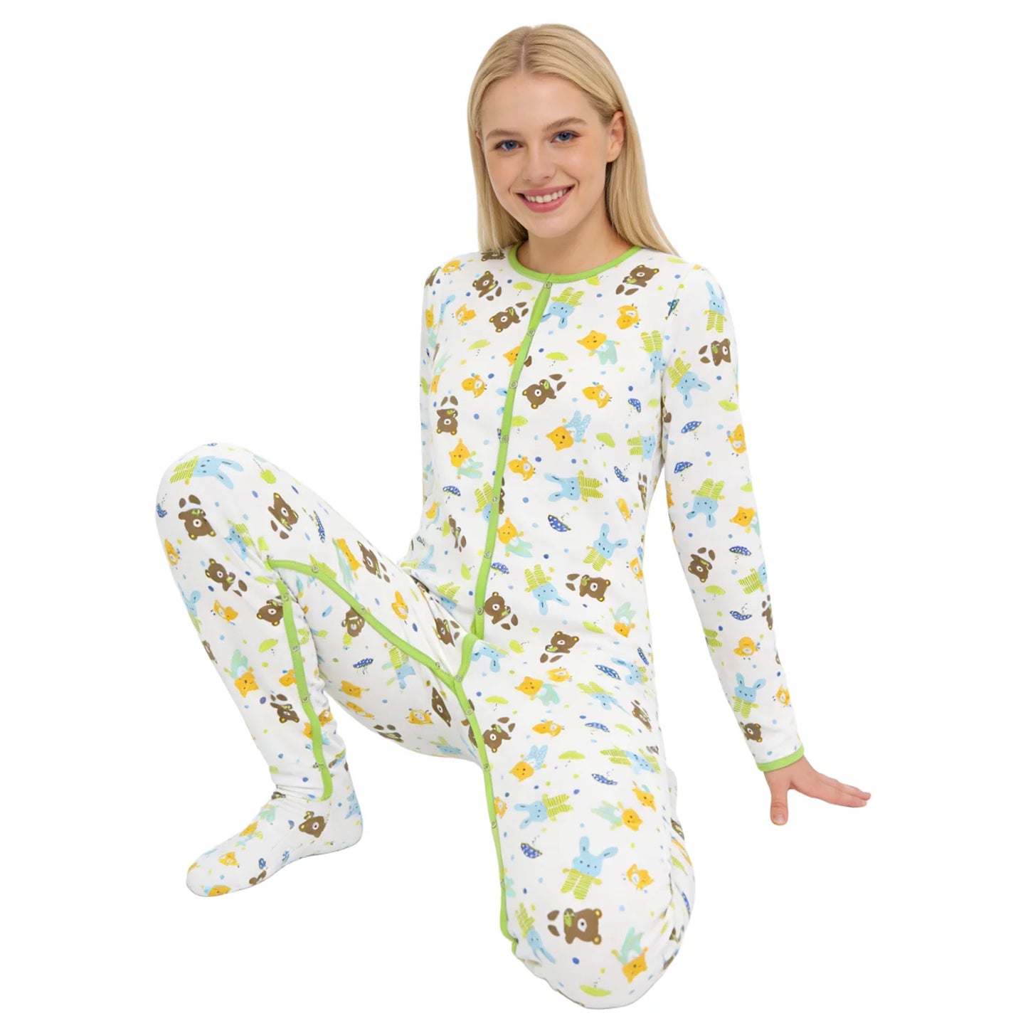 Cotton Teddy Printed Bodysuit with Foot / Adult Onesie with Foot / Adult Baby Romper / ABDL Clothes / Printed Adult Bodysuit