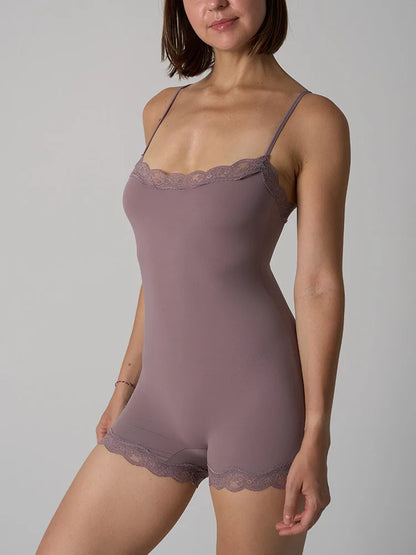 Hot Women Sexy Lace Patchwork Bodysuit Sports FitnessSkinny Shaperwear Camisole Square Neck Spaghetti Strap Slimming Bodycon