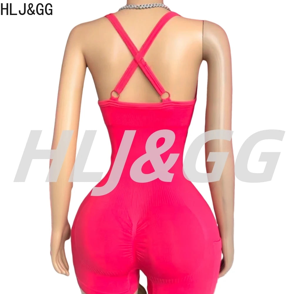 HLJ&GG Women Bodysuits Stretch Sporty One Piece Rompers Women Sleeveless Backless Slim Jumpsuits Summer New Solid Yoga Overalls