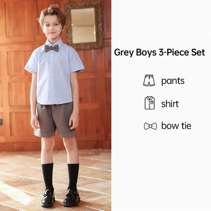 Girl Summer Evening Dresses Kindergarten School Uniform Boys Shirt Shorts Bowtie Wedding Suit Children Performance Costume