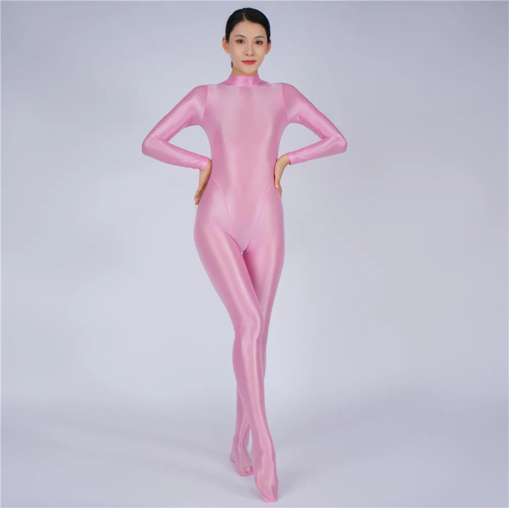 Sexy Women Yoga Shaper Tight Wear Oil Glossy Shiny Elastic Bodysuit Sheer See Through Rompers Jumpsuits Candy Color