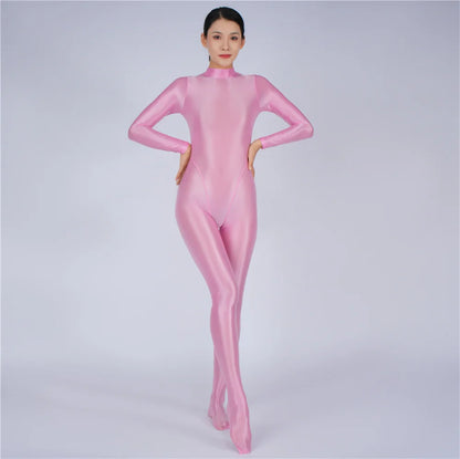 Sexy Women Yoga Shaper Tight Wear Oil Glossy Shiny Elastic Bodysuit Sheer See Through Rompers Jumpsuits Candy Color