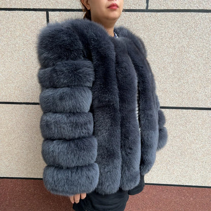 HUAQIUMEISI Real Fox Fur Coat Women's Autumn and Winter Vertical Bar Natural Fox Jacket New Fashion Silver Fox Fur Coat