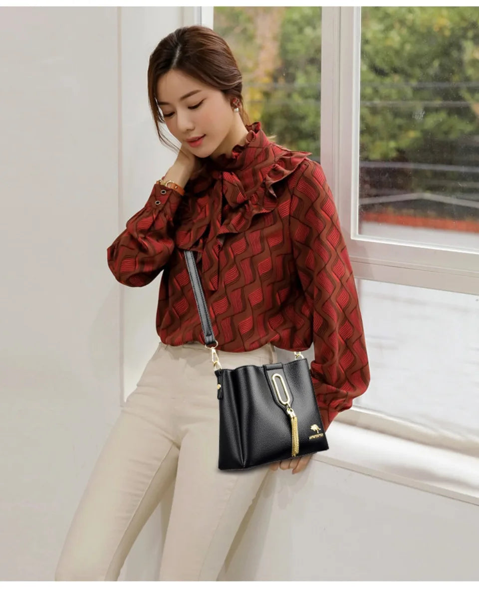 Luxury Hand bags For Women High Quality Pu Leather Three layers Ladies Shoulder Crossbody Bag Bucket Tassel Commuting Sac A Main