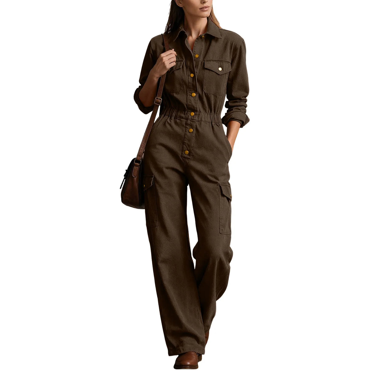 Casual Lapel Button High Waist Romper Autumn Fashion Lady Pocket Playsuits Overalls Vintage Long Sleeve Wide Leg Jumpsuits