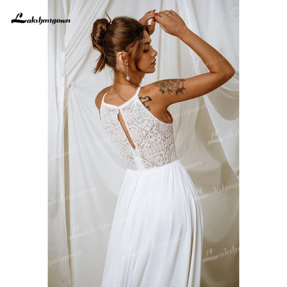 Boho Halter Sleeveless Lace Top Chiffon A Line Wedding Dress For Women Customized Bridal Gown Vestidos De Novia Robe De Mariée