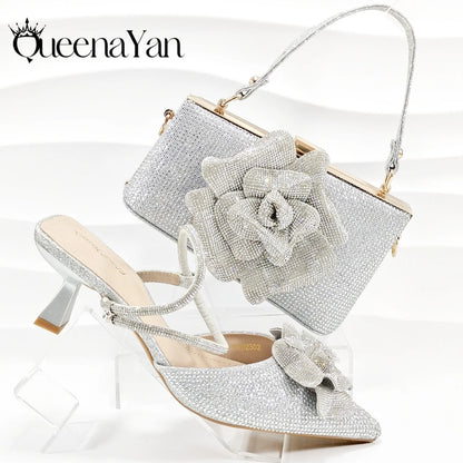 2026 Large Flower Design Shoes & Bag Nigerian Coffee Color Women's Stiletto Shoes For Special Good Time INS Style