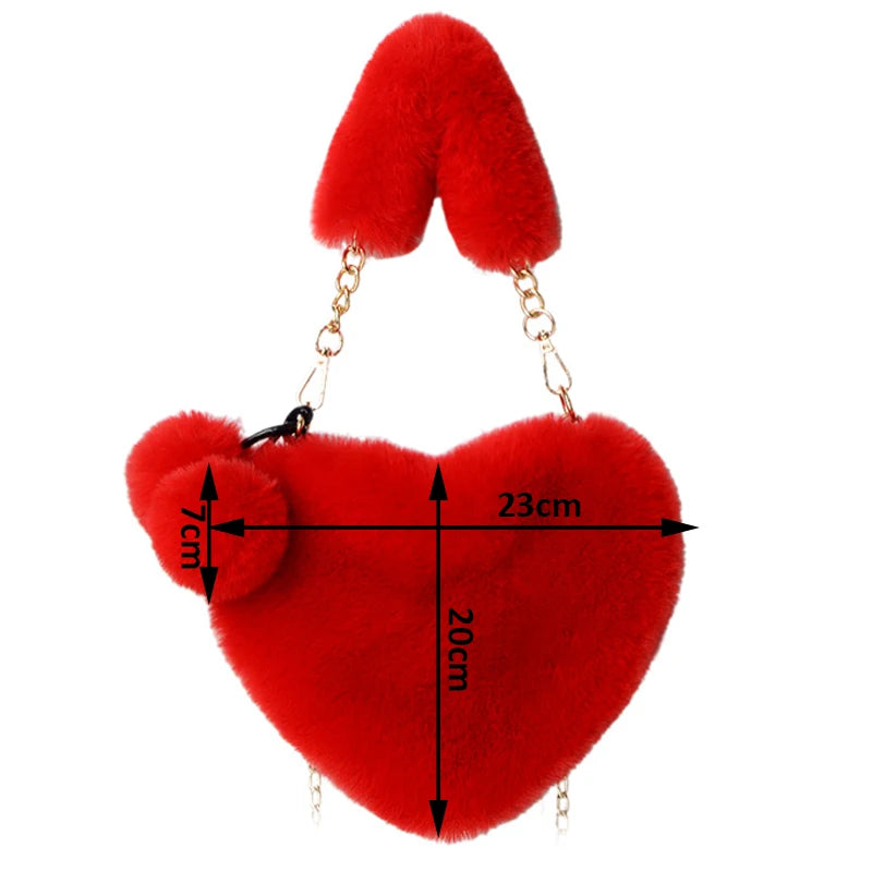 Large Capacity Fur Handbag Heart Shape Ladies Shoulder Bag Fashionable Cute Soft Zipper Closure Interior Phone Pocket