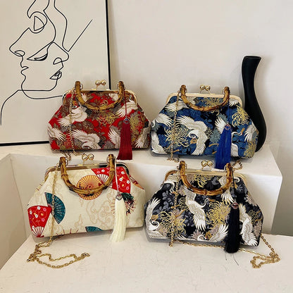 Designer Bamboo Handle Handbag Retro Embroidery Women Evening Bag High-end Nylon Crossbody Bag Luxury Lady Shoulder Bags Satchel