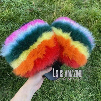 Natural Fox Fur Slippers, Fashionable Outdoor Multi-Color Animal Hair Slippers, Women's Gifts, Soft EVA Sole Slippers, On Trend