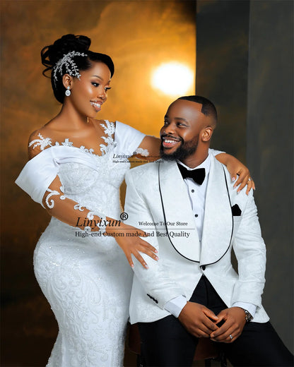 Shiny Diamond Mermaid Wedding Dresses With Appliques Lace Bridal Vestido De Novia Customized Off Shoulder African Bride Gowns