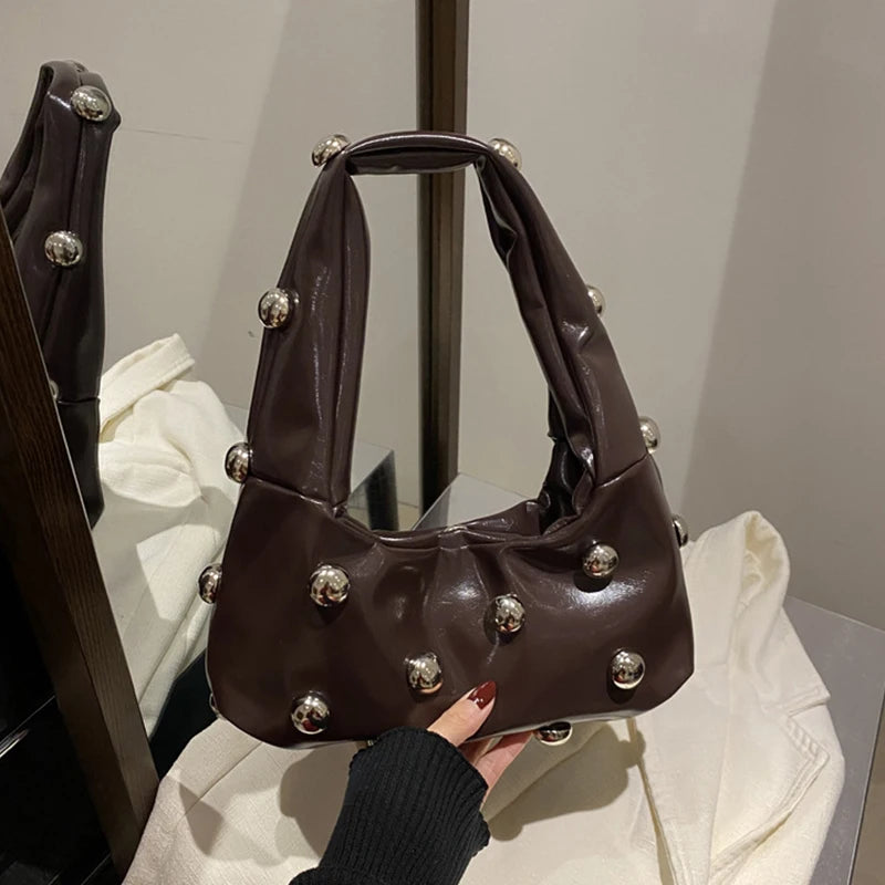 Personalized PU Rivet Fashion Shoulder Bags Solid Color Crossbody Bag High-end Women Handbag Luxury Brand Satchel Small Tote Bag