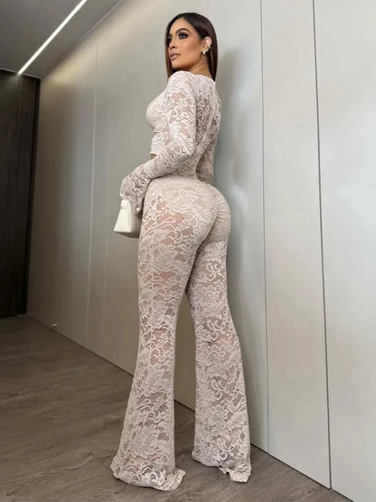 Nibber See Through Jumpsuits Woman Metal Rings Patchwork Hollow Design Sexy Full Sleeve Midnight Club Party Wild Style Overalls