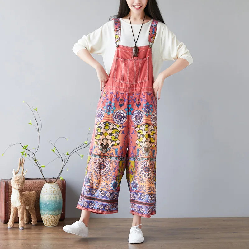 Suspenders Overalls Women Denim Jumpsuits Slim Mom Jeans One Piece Wide Leg Long Pants High Waist Rompers Y2k Streetwear Print