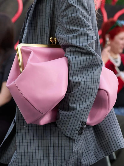 Fashion Large Kisslock Clutch Bag for Women Designer Clip Shell Women Shoulder Bags Luxury Soft Pu Leather Pink Color Handbags