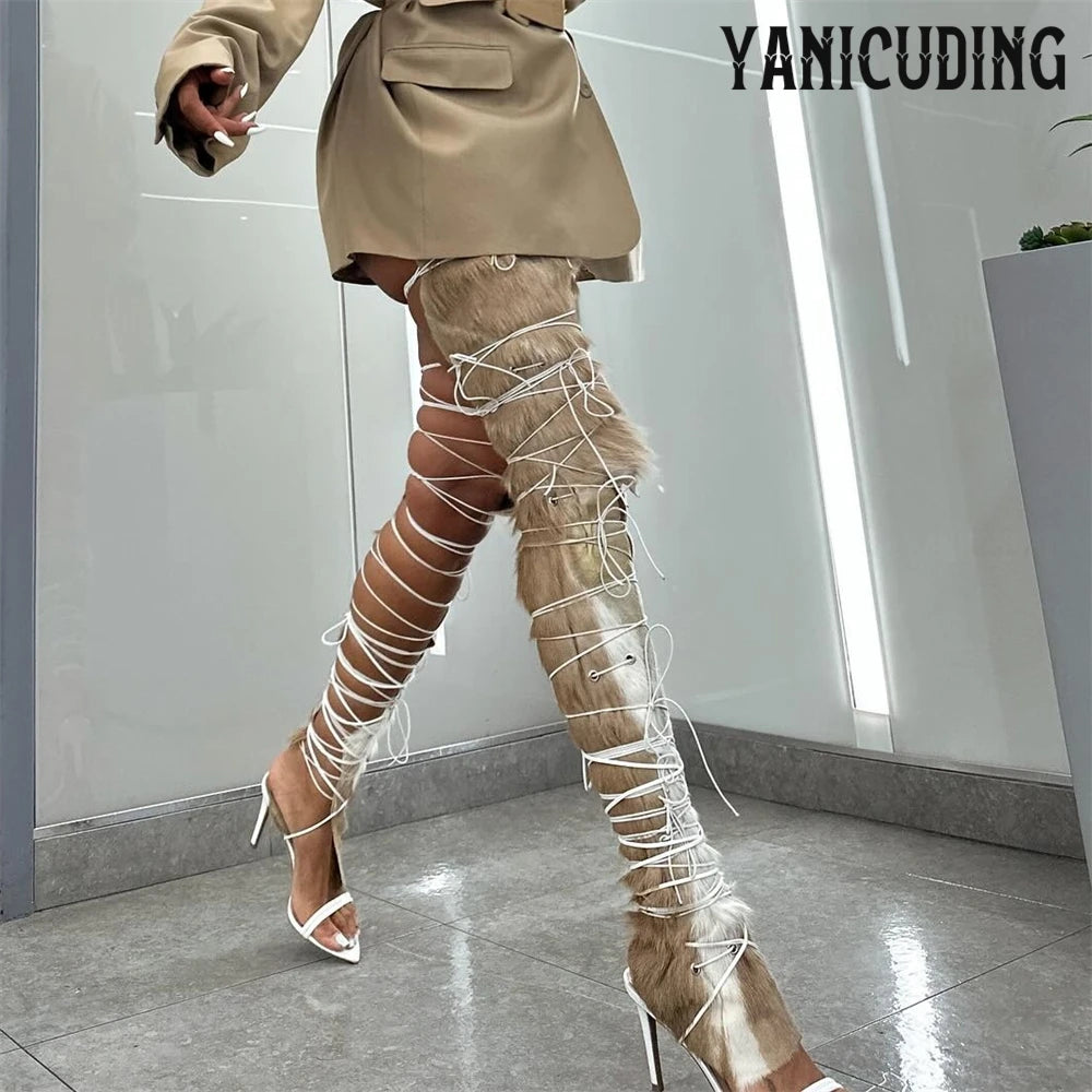 Fur Hide Lace up Sandal Boots Brown White Thigh High Elastic Cord Lace up Ties Summer Boots Sexy Novelty Designer Style Sandals
