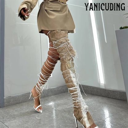 Fur Hide Lace up Sandal Boots Brown White Thigh High Elastic Cord Lace up Ties Summer Boots Sexy Novelty Designer Style Sandals