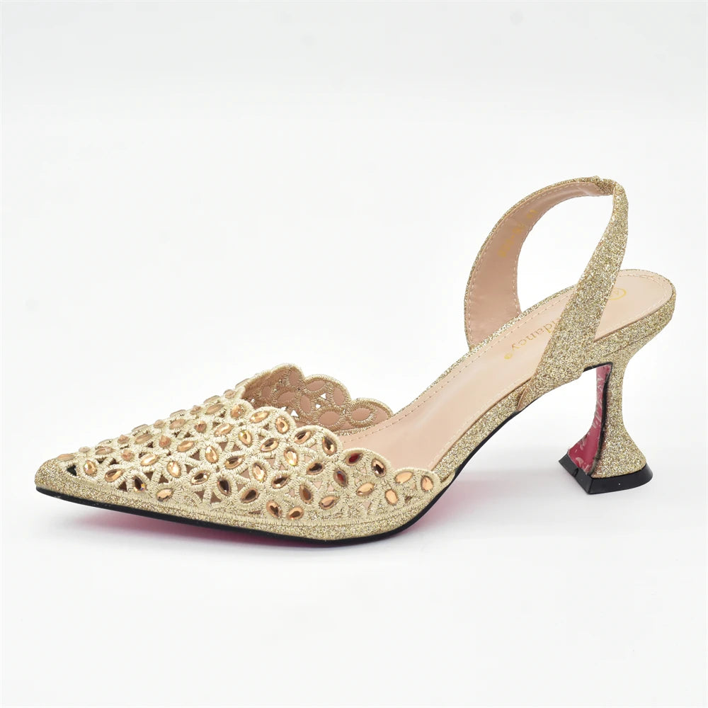 Gold Shoes and Bags Set for Women Ladies Shoe and Bag Set Latest Designers Pointed Toe Shoes Sexy Wedding Party Sandals