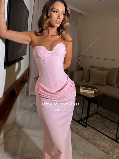 Qanz Elegant Pink Women's Formal Evening Gowns Mermaid Sleeveless Satin Robes De Soirée Sweetheart Slit Party Dress Customized