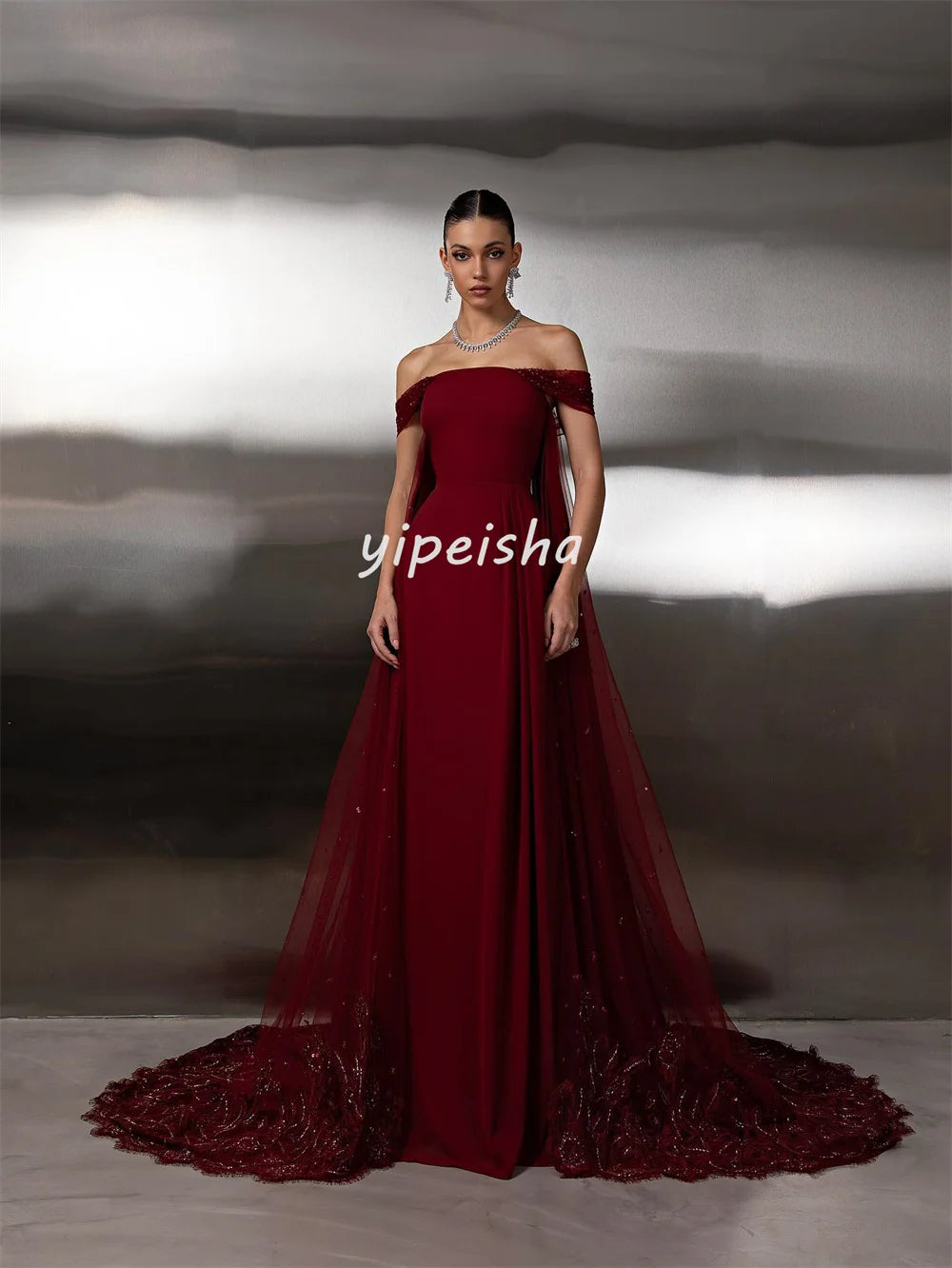 Customized Sparkle Intricate Chiffon Sequined Beading A-line Off-the-shoulder Long Dresses Bespoke Occasion Dresses High Quality