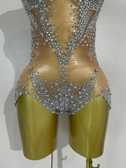 Sexy Stage Sparkly Rhinestone Mesh See Through Crystal Bodysuits Women Luxury Birthday Dancer Nightclub Bar Performance Outfit