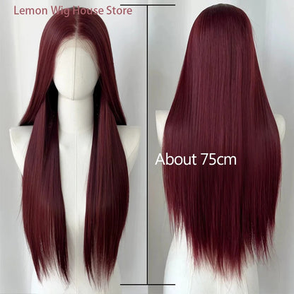 Wine Red Lace Front Wig Anime Cosplay Wig 28inch Long Straight Synthetic 13x4 Lace Front Wig Lolita High Quality Fibers Wigs