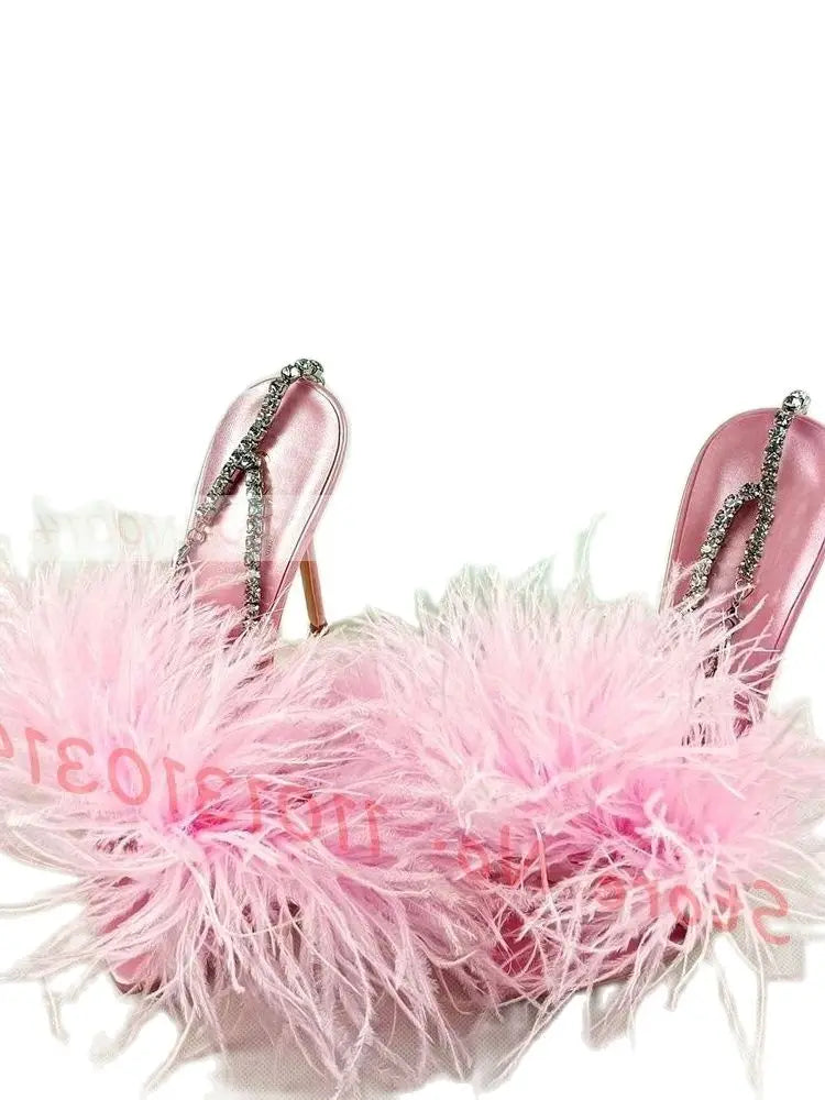 Pink Feather Crystal Wrap Sandals With High Heels Luxury Women Summer Sweet Shiny Shoes Design Ladies Luxury Elegant Sandals