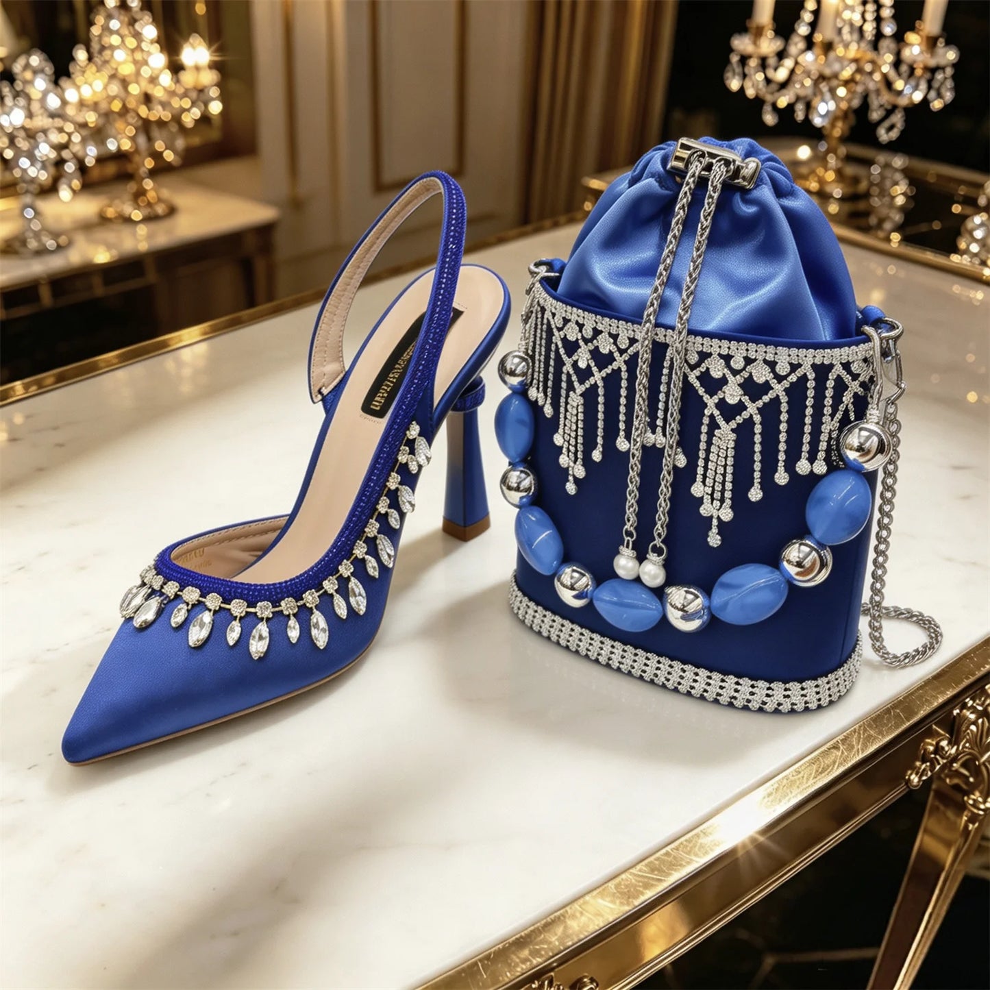 Royal Blue Bridal Shoe & Bag Set Sparkling Rhinestone Pointed Toe High Heels Slingback Pumps for Wedding Guest Prom Party