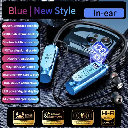 Earphones 12000mAh In-ear/Semi-in-ear Bluetooth Headset Magnetic Switch Pause Play Neck Hanging Dual Device Connection Earbuds