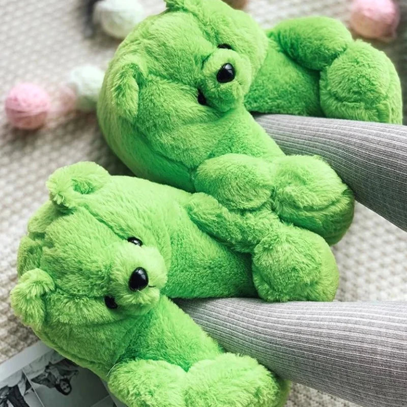 Cute Teddy Bear Plush Winter Slippers, Wrapped Heel Funny Indoor Floor Shoes, Women Gift, Warm Soft Cartoon Fluffy Animal Slippe