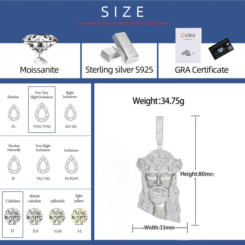 Iced Out VVS Moissanite Jesus Head Pendant Necklace for Men and Women 925 Sterling Silver Hip Hop Christian Jesus Facial Jewelry