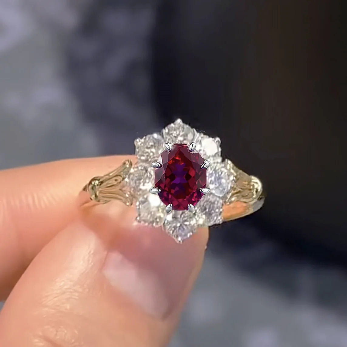 Luxury 18K white Solid Platinum PT950 certifid cultured stone, high-looking 6*8 oval pigeon blood red ring, white and elegant
