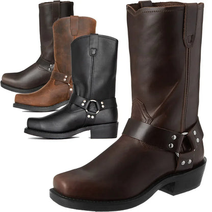 Retro Cowboy Boots Men Mid Calf Western Boots Men Pu Leather Boots Man Slip On Shoes Winter Knight Boots Booties Plus Size 39-48