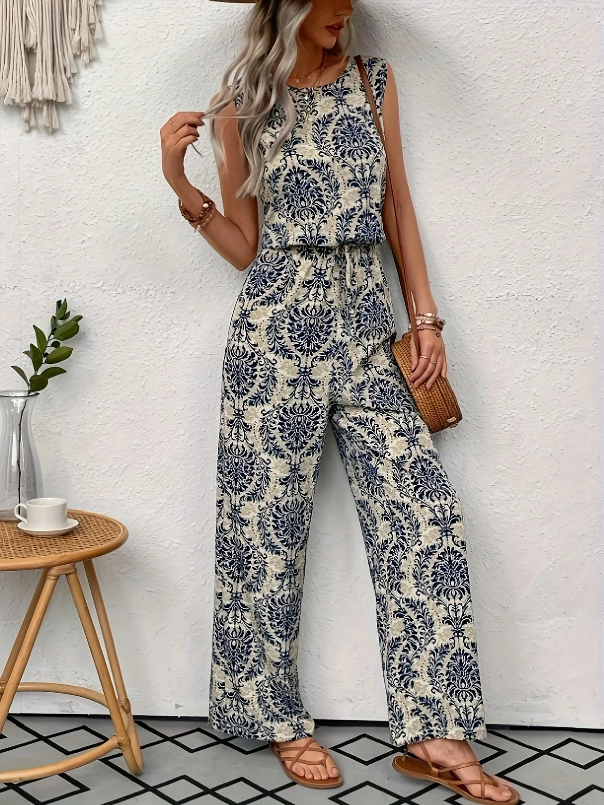 New Elegant Summer Women's Casual Office Lady Tank Jumpsuits Paisley Pattern Sleeveless Wide Legs Loose Vacation Jumpsuit