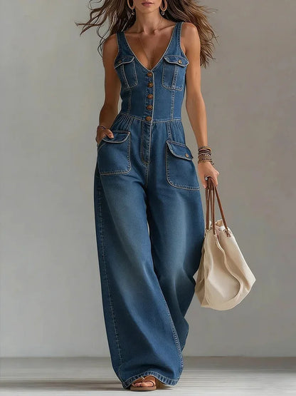 Sexy V Neck Button Denim Jumpsuit Elegant Solid High Waist Woman Romper 2026 Spring Summer Sleeveless Vacation Beach Overalls