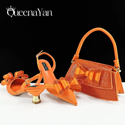 Queena Yan Hot Selling Fashion Mature Coffee Color Butter-fly Design Pointed Toe High Heel Party Wedding Lady Shoes and Bag Set