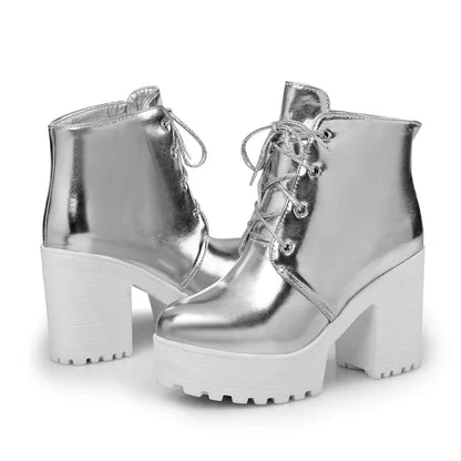 British Silver Gold Ankle Boots Women High Chunky Heels Dress Lady Round Toe Lace-up Spring Autumn Vintage Platform Short Boots