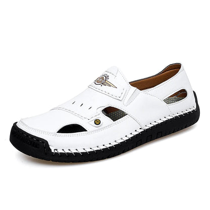 Mens Walking Shoes Summer Breathable Leather Hand Sewn Minimalist Baotou Flat Shoes Soft Elastic Daily Casual Male Sandalia