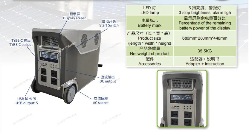 Trolley Style 3500W High Power Portable Outdoor Power Station Solar Charging Emergency Energy Storage Mobile Power Supply