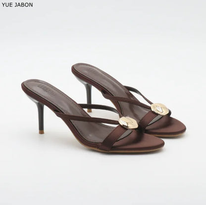 Red Satin Sexy Thin Heel Slippers Women Metal Buckle Open Toe Slides Ladies Concise Black Luxury Brand High Heels Dress Shoes