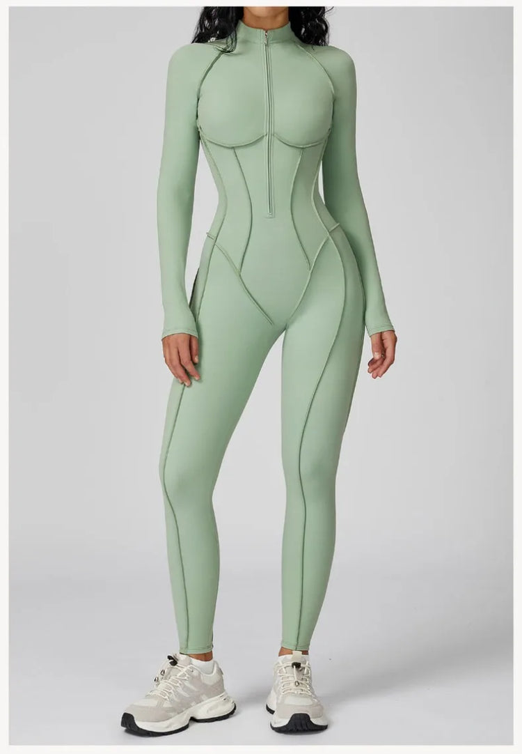 Women's New Sports Bodysuits Fitness Jumpsuit Slim Zipper Neck Sexy Splice Elasticity Jumpsuit Female Gym One Piece Sportswear