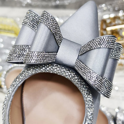Elegant Gold Satin Rhinestone Bow Slingback Heel & Clutch Bag Set, Women Bridal Matching Kit For Wedding Party Evening Prom Form