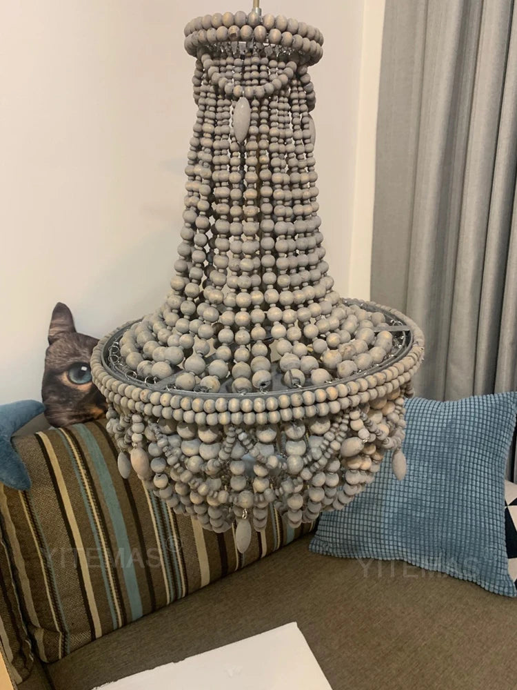 French Country white wood Bead Chandelier dining room bedroom princess Decorative chandelier 3/5 lights hanging light fixture