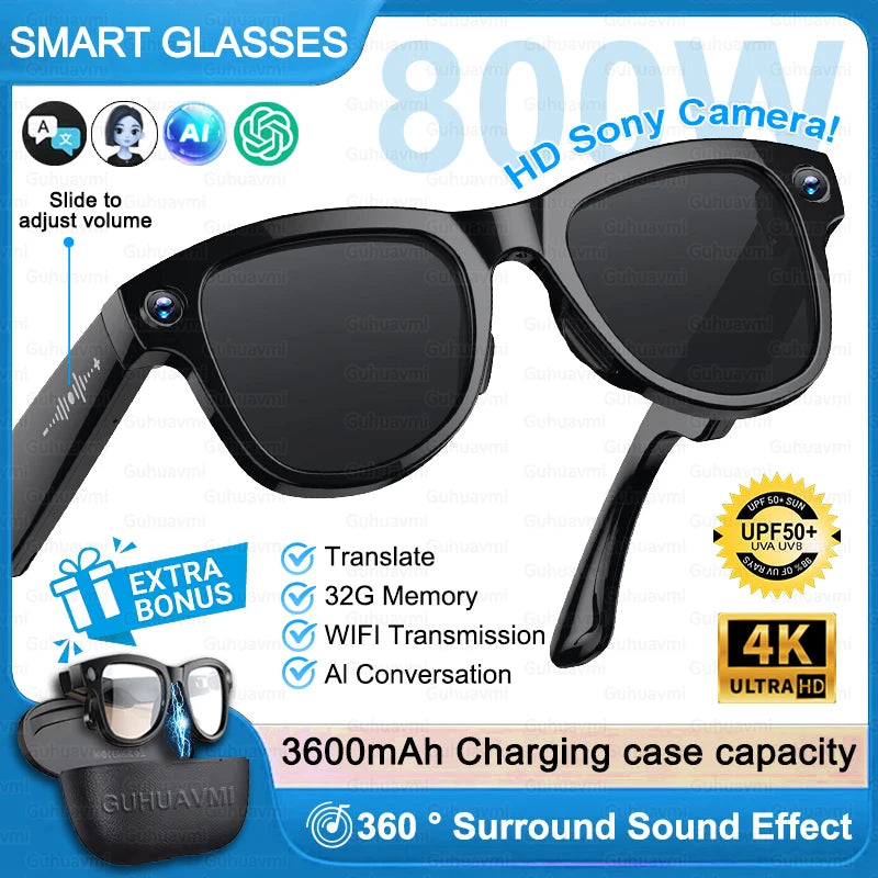 AI Smart Glasses 4KHD Camera 3600mAh Charging Case 120+Language Translation Bluetooth Call Music Sunglasses Outdoor Color Change