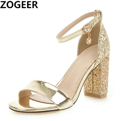 Luxury Silver Gold Summer Sandals for Women Elegant Block High Heels Flip Flop Sequined Party Wedding Shoes Ladies Large Size 45