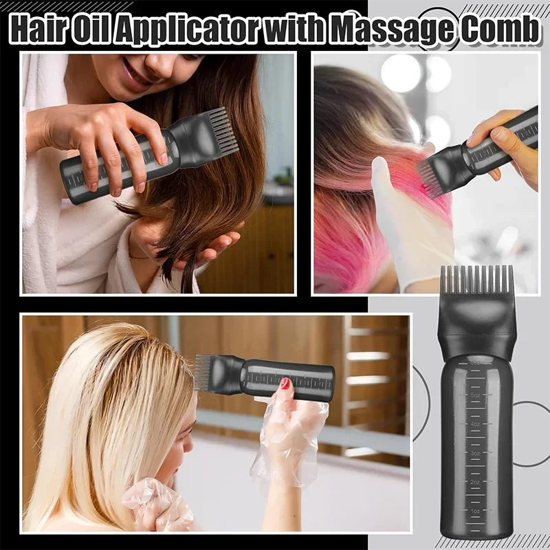 Hair Oil Application Bottle, with 3 Pointed Mouth Caps and 6 Ounces Hair Dye Bottle Root Comb, Suitable for Scalp (black&white)