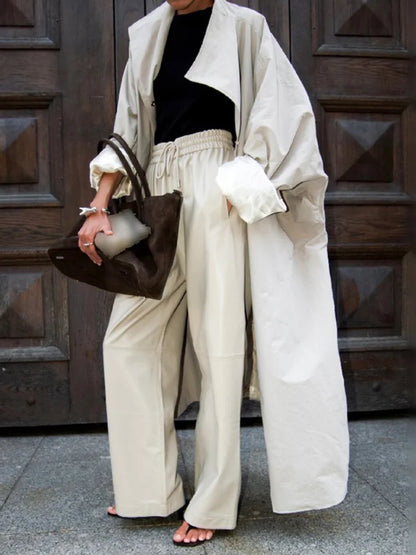 Convertible Collar Oversized Maxi Trench Coat Women Snap Buttons Dolman Sleeve Patch Pockets Outerwear New Ladies Trench Jacket
