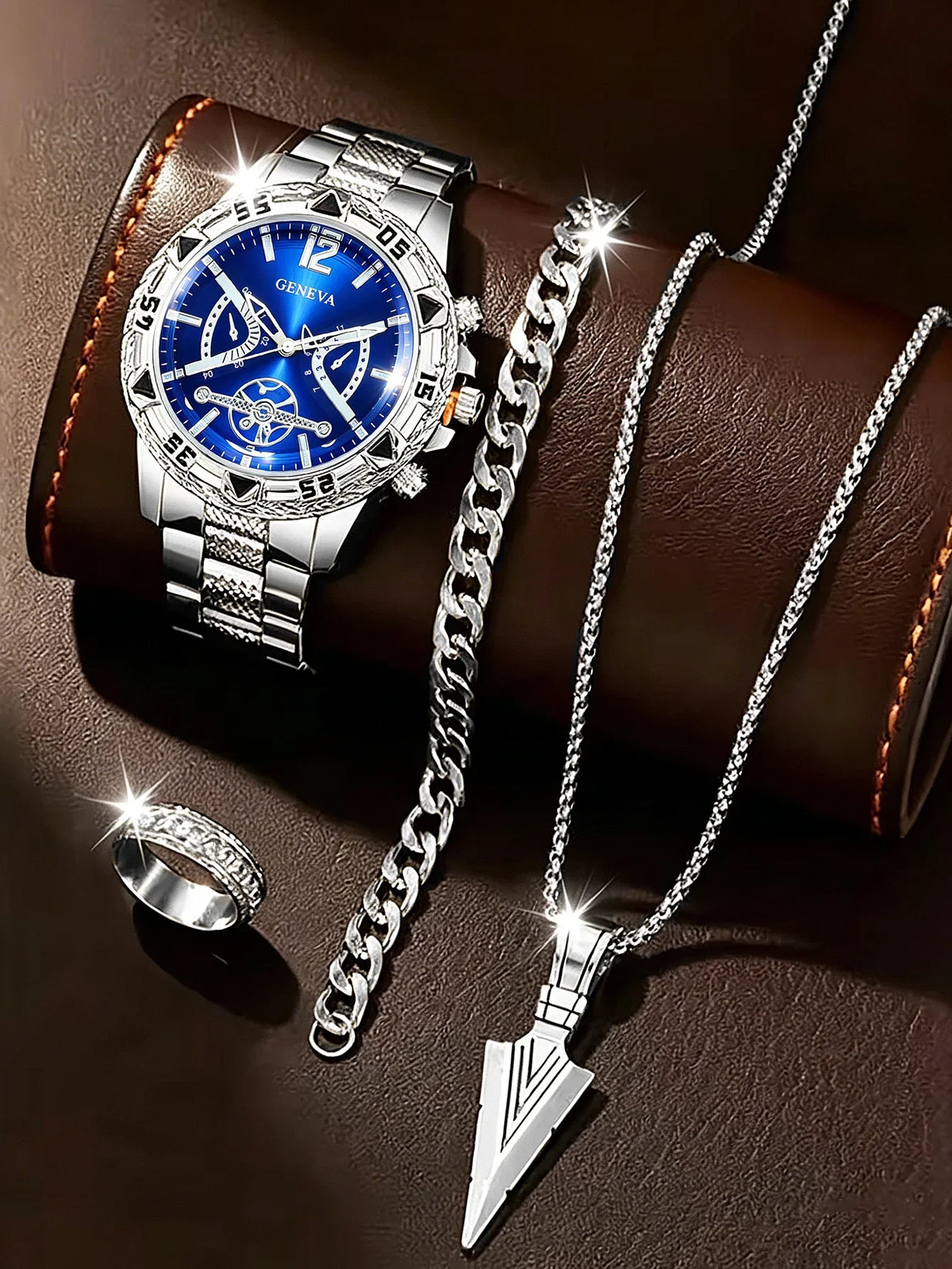 Men 3Pcs Geneva Watch Jewelry Set Blue Dial Quartz Wrist Watch Spear Necklace Rhinestone Ring, Boxes Not Included
